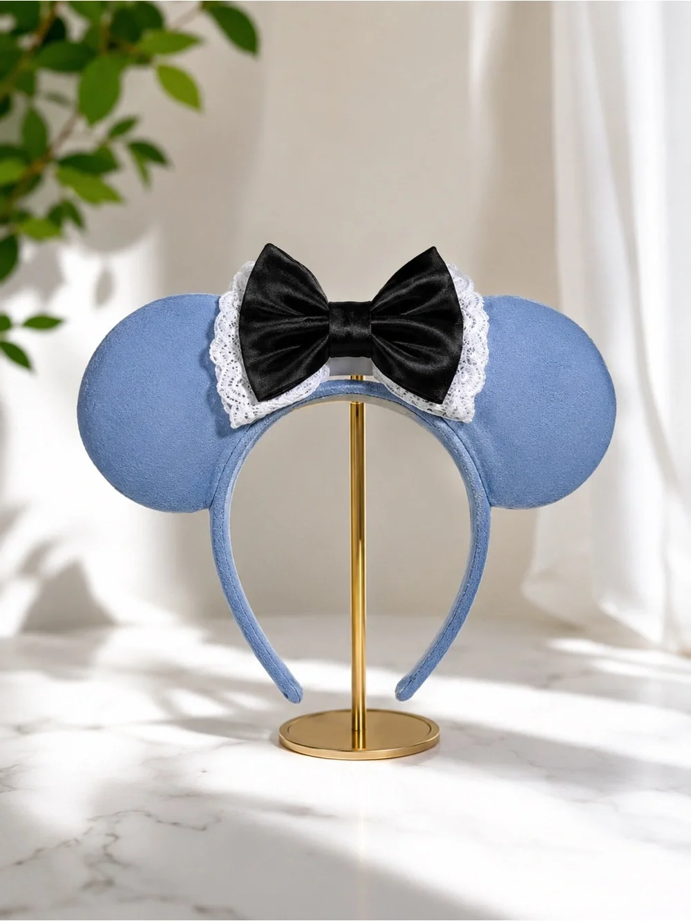 Alice and Wonderland Blue Mouse Ears Headband with Black Bow